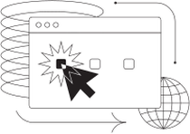Line illustration of a browser window with a cursor clicking a starburst, beside a coiled stack and a globe