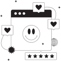 Browser window with a smiley face, surrounded by heart speech bubbles, a globe, and a five-star rating bar