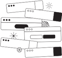 Line illustration of several overlapping browser windows with dots, input fields and buttons, plus sparkles and a small
