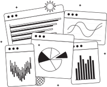 Overlapping browser windows showing a horizontal bar chart, wave line graph, pie chart, candlestick chart and vertical