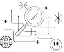 Line illustration of a magnifying glass connected by circuit-like lines to a globe and a smiley face, with sparkles