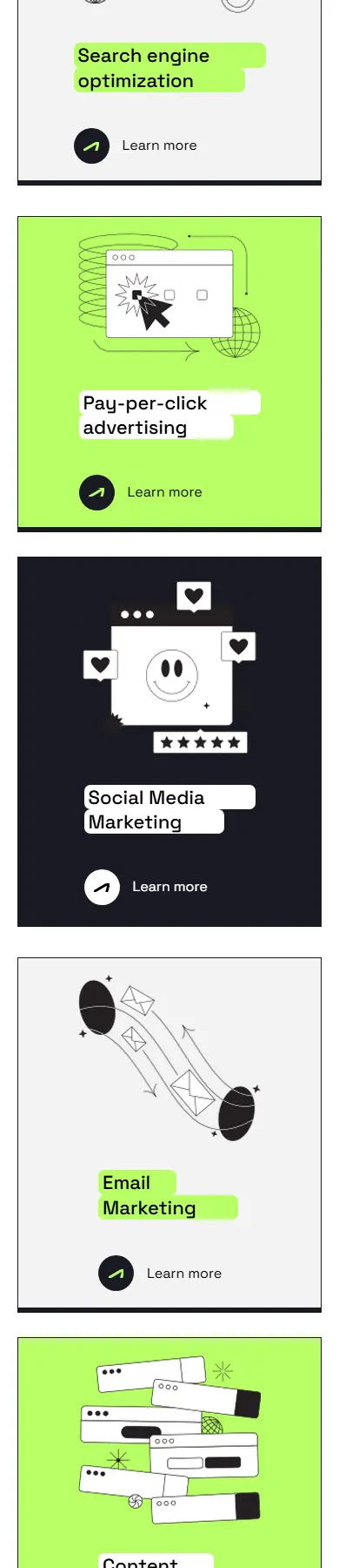 Weld: the services cards at 390px