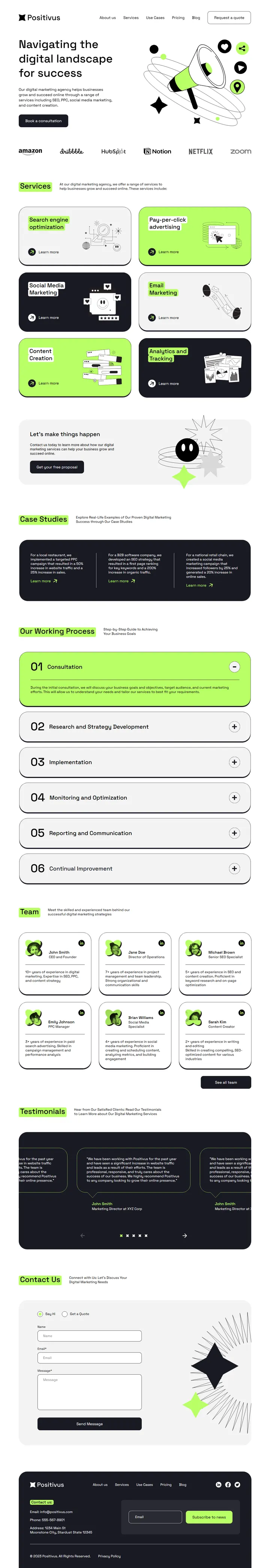 The Positivus landing page design, top of the Home frame