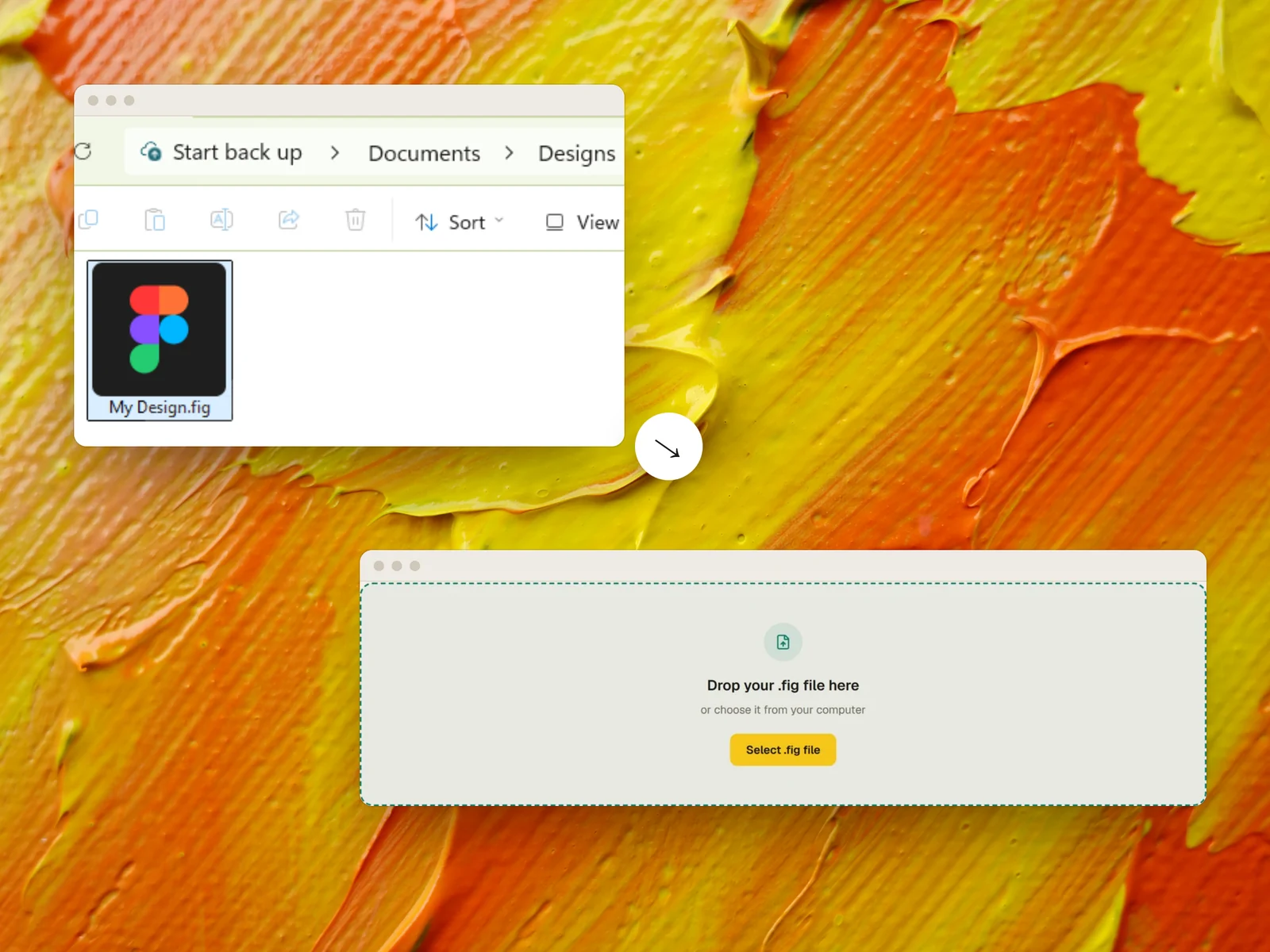 A .fig file saved on a computer, and Weld's upload area ready to take it