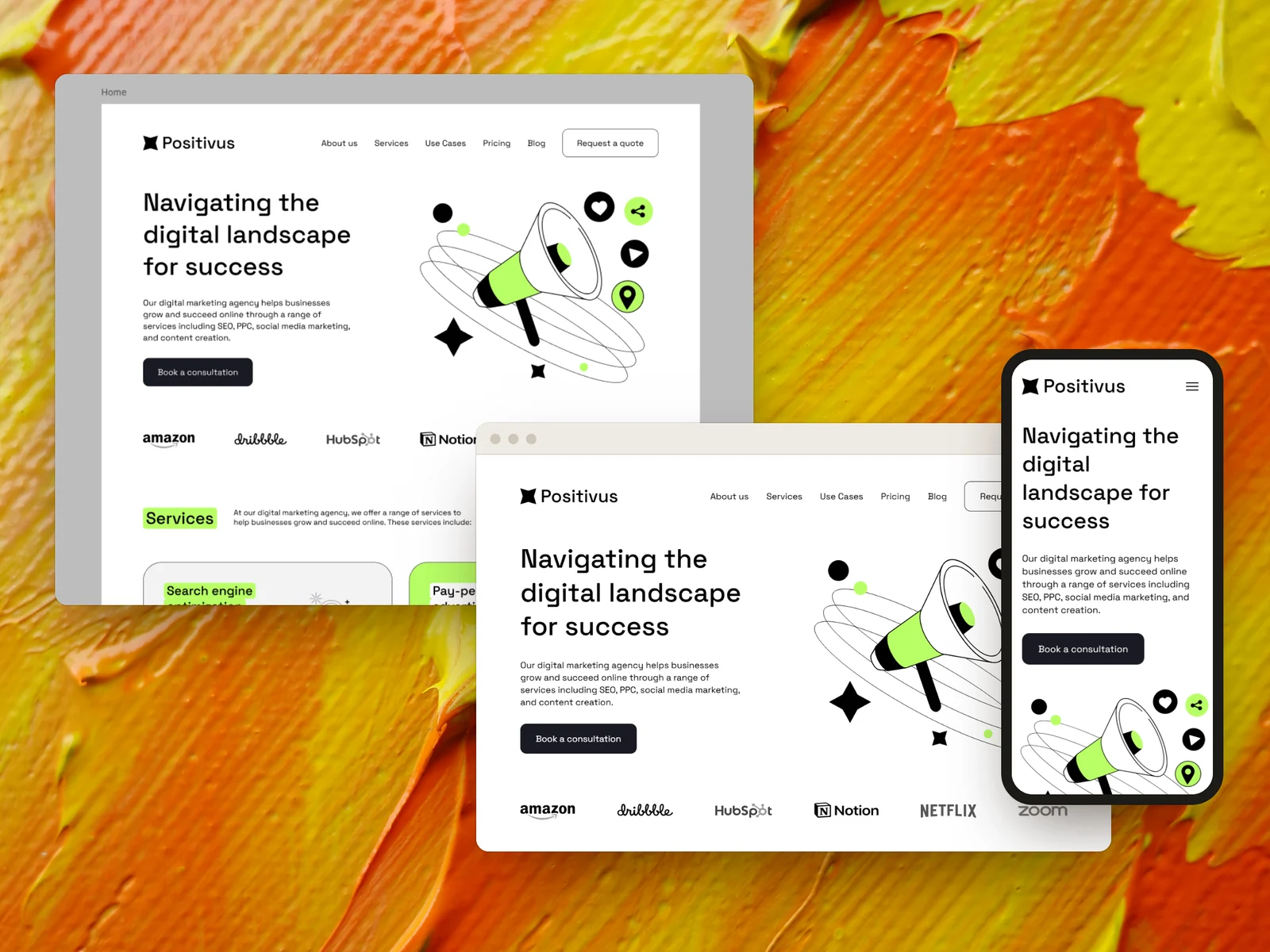 The Positivus design in Figma beside the page Weld built from it, at desktop width and on a phone