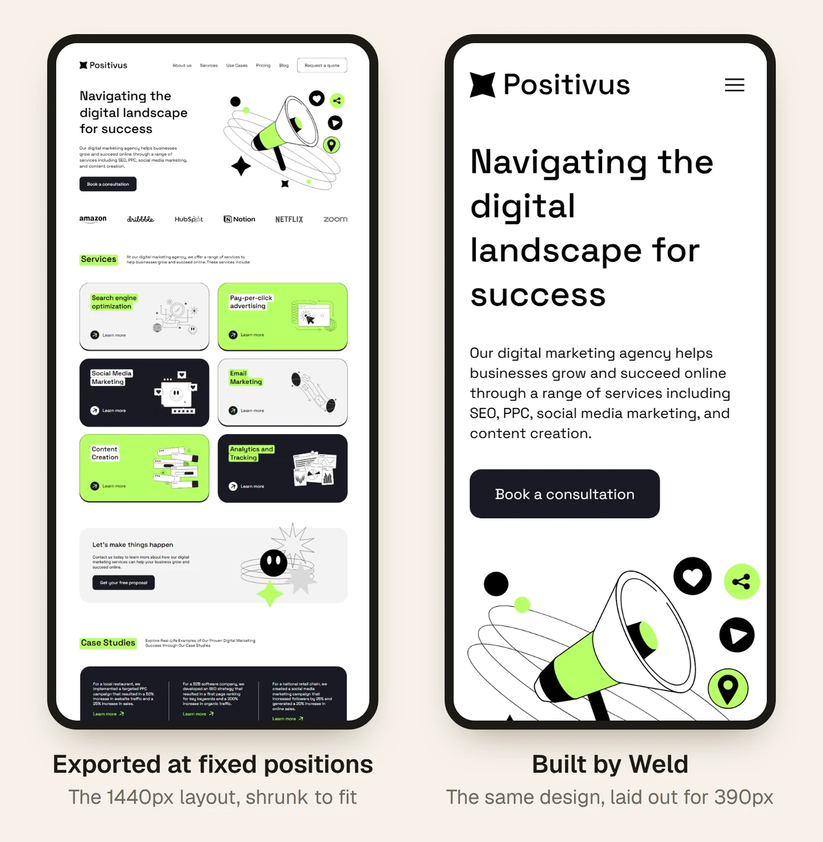 The Positivus design on a 390px phone: exported at fixed positions, the whole 1440px layout is shrunk to fit; built by Weld, it is laid out for the phone