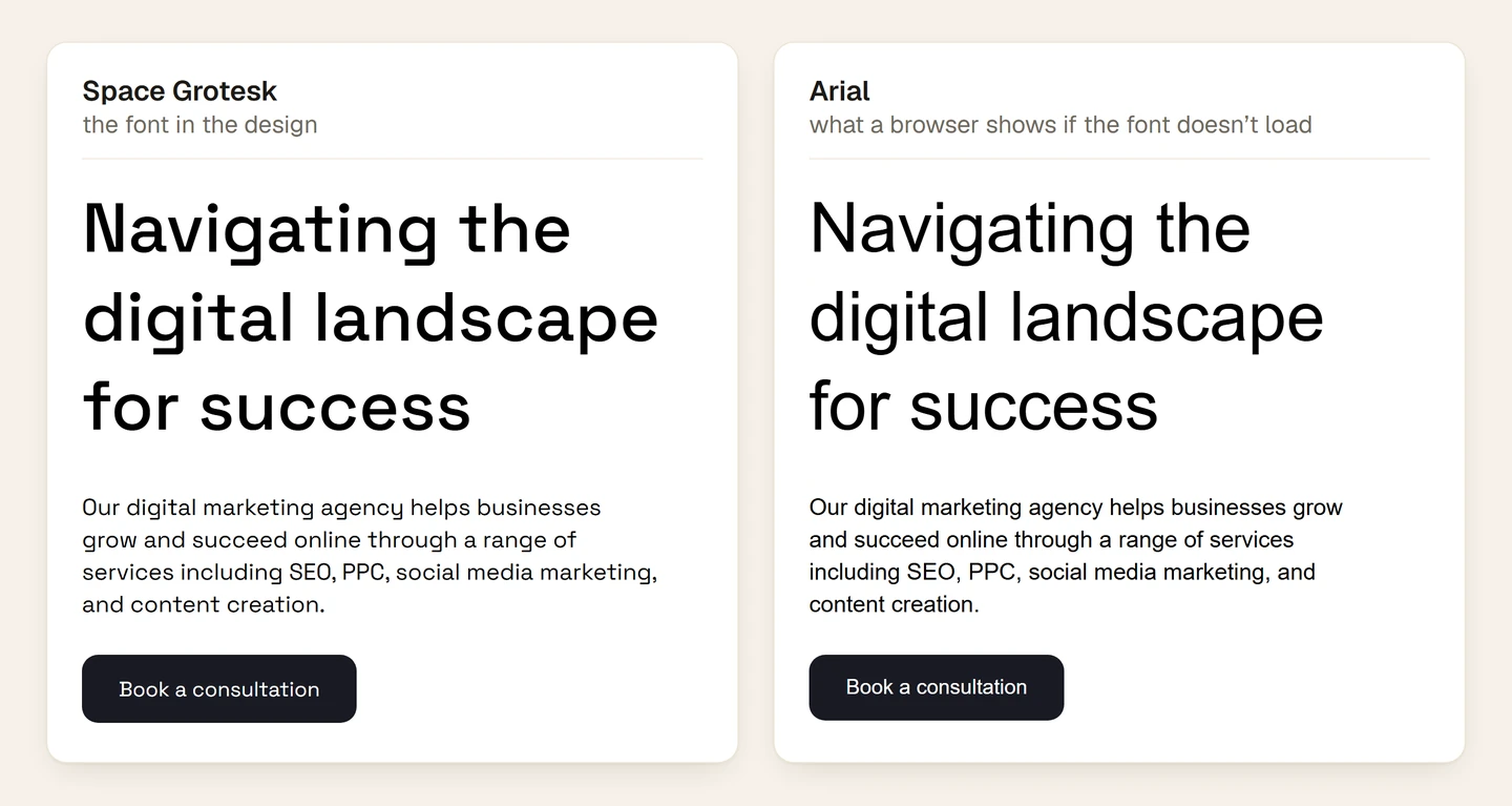 The Positivus hero copy set in Space Grotesk and in Arial: the paragraph wraps differently and the button is narrower in Arial