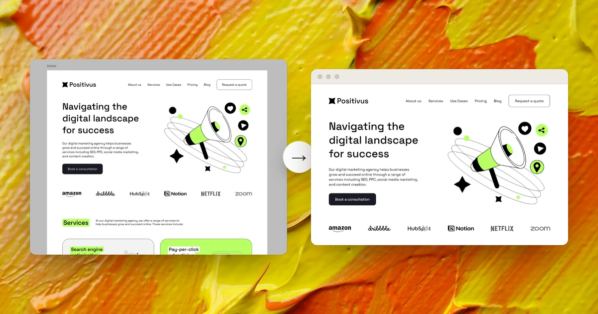 A Figma landing page design beside the same page open in a browser