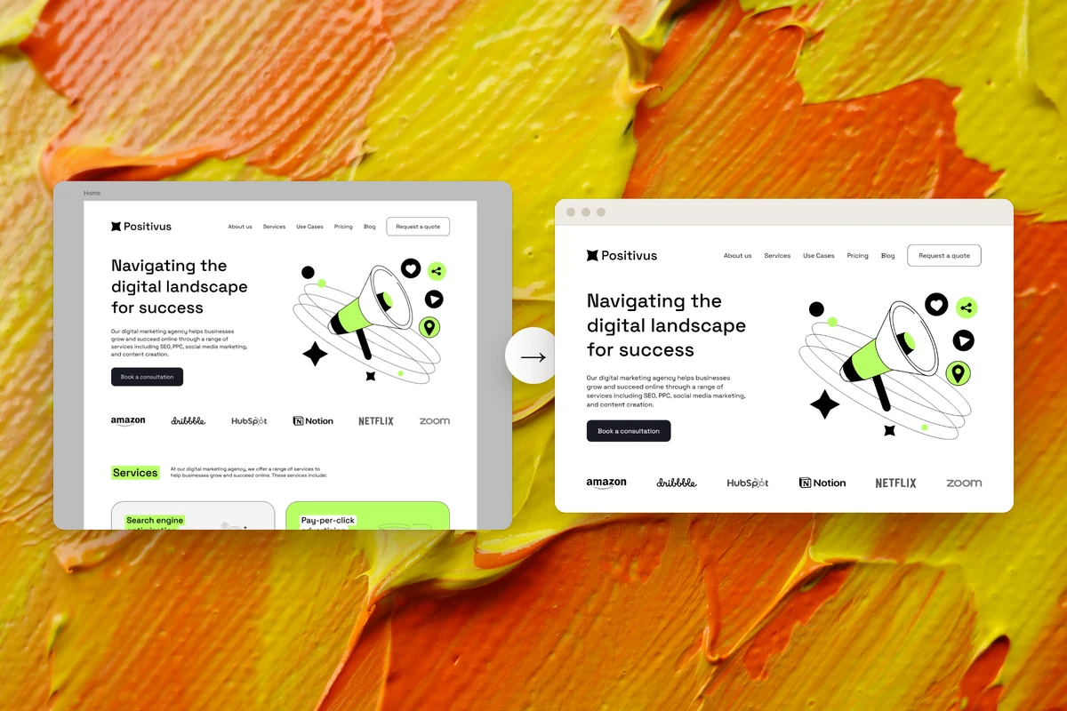 A landing page design in Figma, and the same page open in a browser