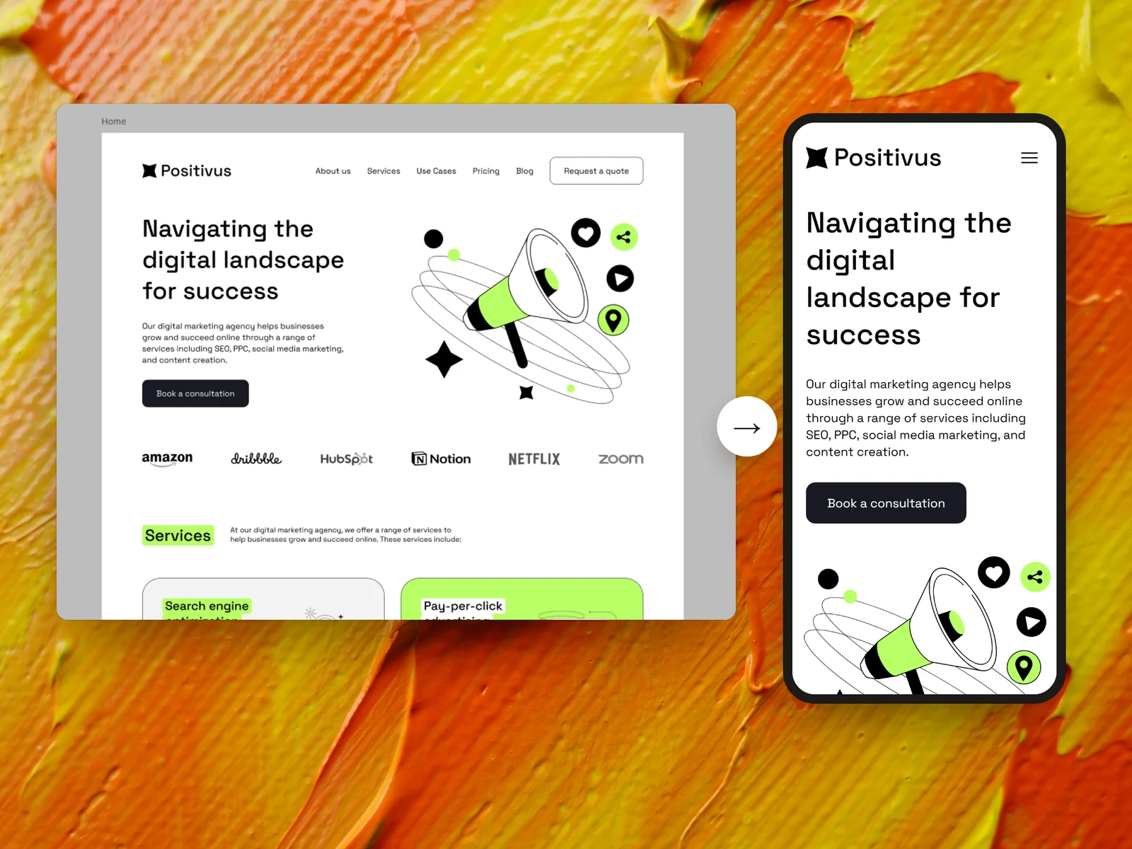 The Positivus design in Figma, and the page Weld built from it on a phone