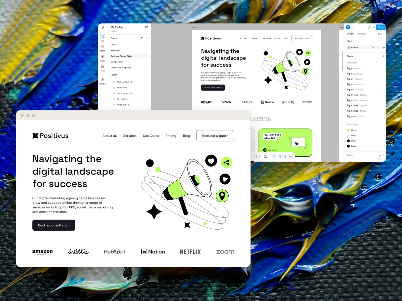 The Positivus landing page open in Figma, and the page Weld built from it, open in a browser