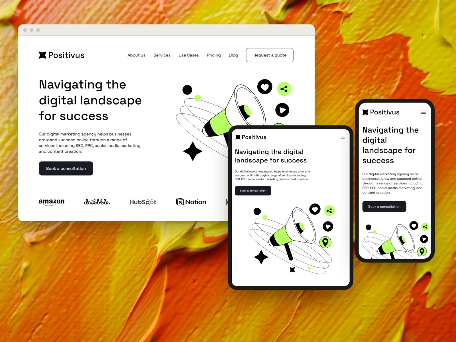 The page Weld built from Positivus at desktop, tablet and phone width