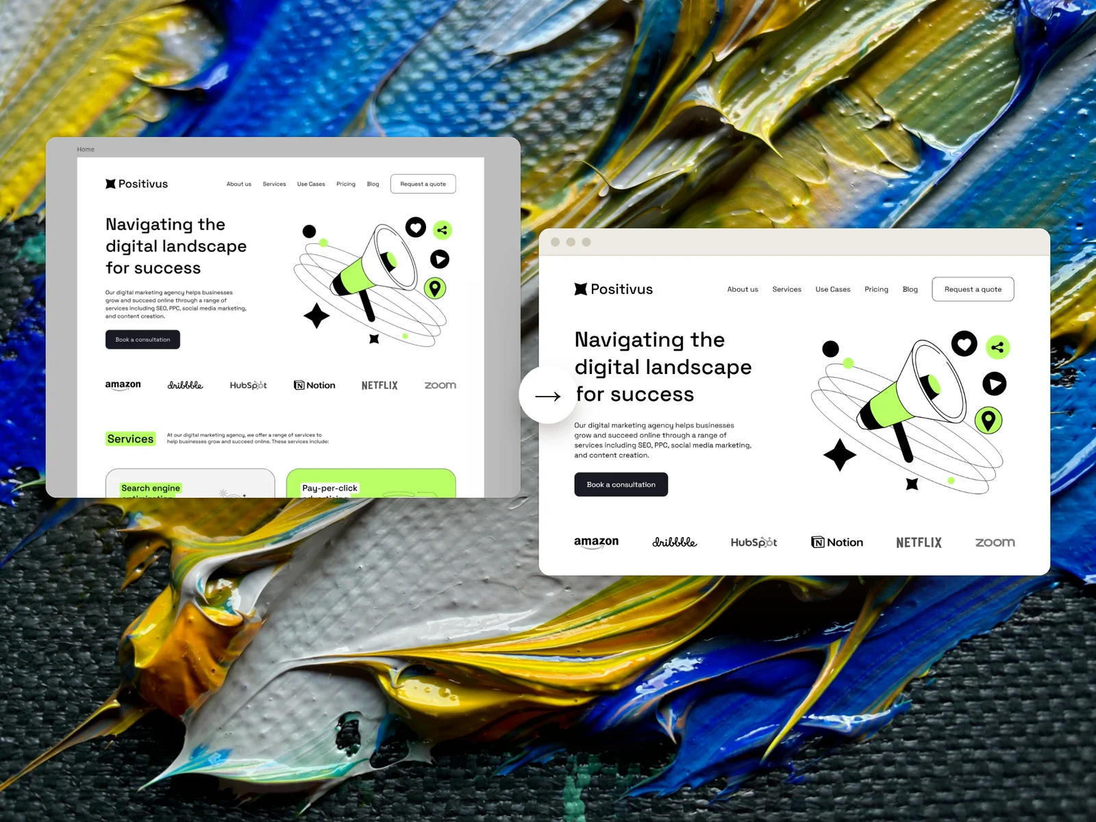 A Figma design and the finished web page Weld built from it