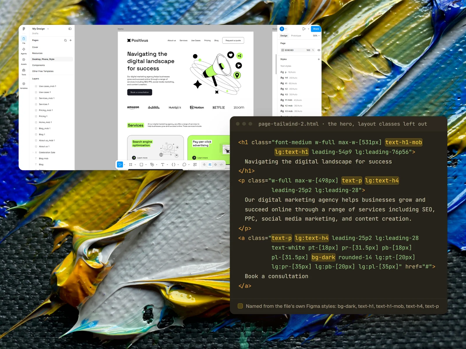 The Positivus design open in Figma, and the hero's Tailwind markup with the classes named from its Figma styles marked