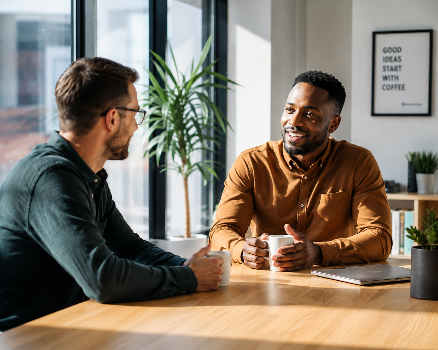 Photo of two colleagues talking over coffee at a sunlit office table