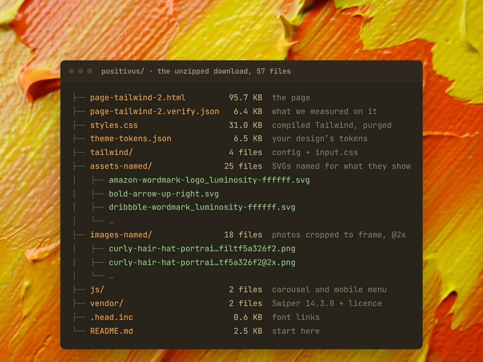 What Weld exports today: the page, its compiled stylesheet, its theme and named assets